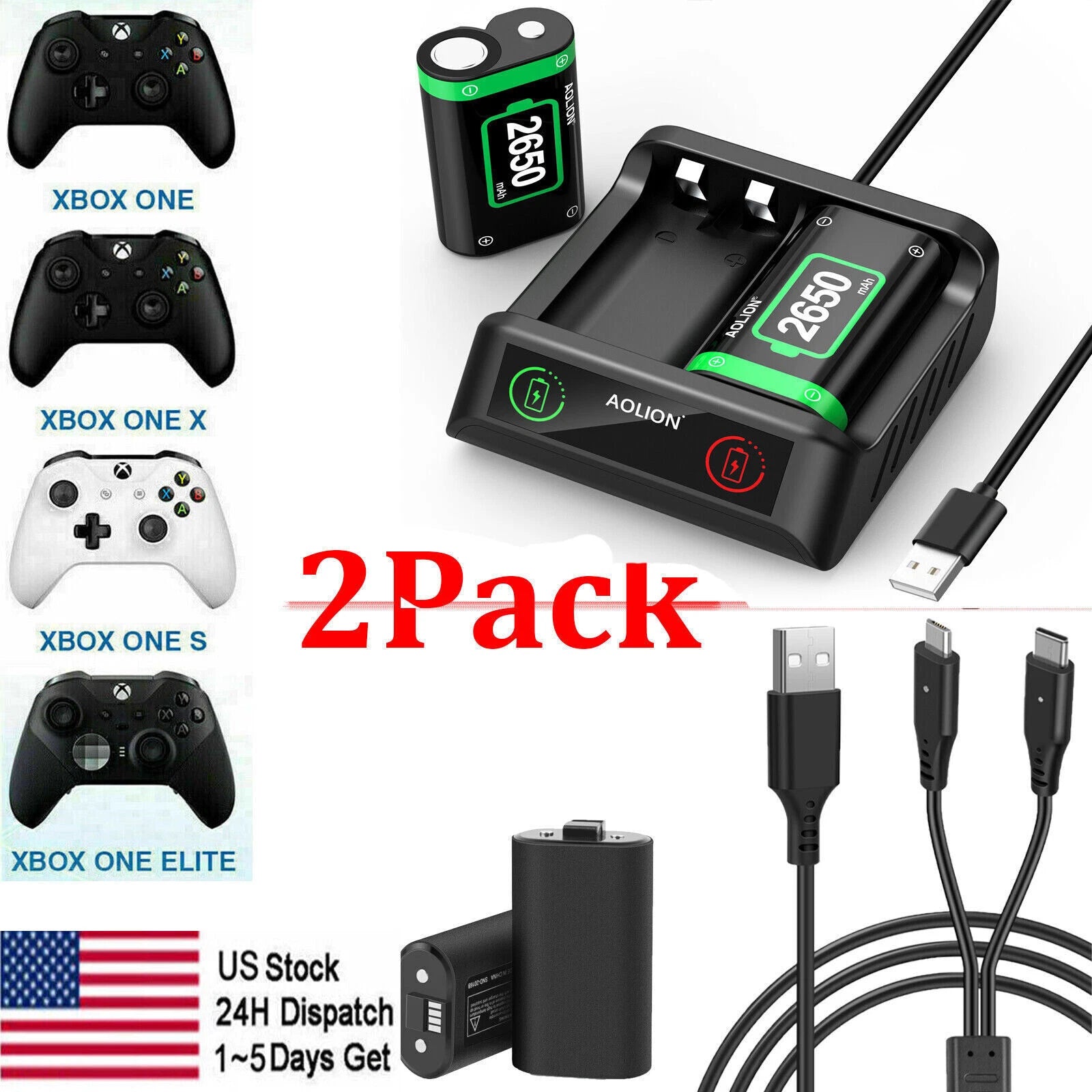 2*Rechargeable Battery+USB Charger Cable Pack For XBOX One/360/S/X Controller US