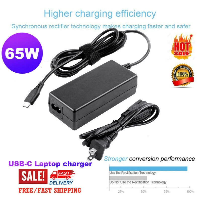 65W PD Fast USB-C Type-C AC Adapter Laptop Charger For HP Lenovo MacBook Dell