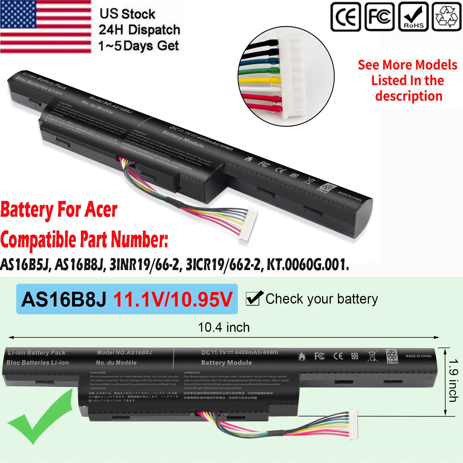 AS16B5J Battery For Acer Aspire E5-575G F5-573G Series 15.6" AS16B8J 3INR19/66-2