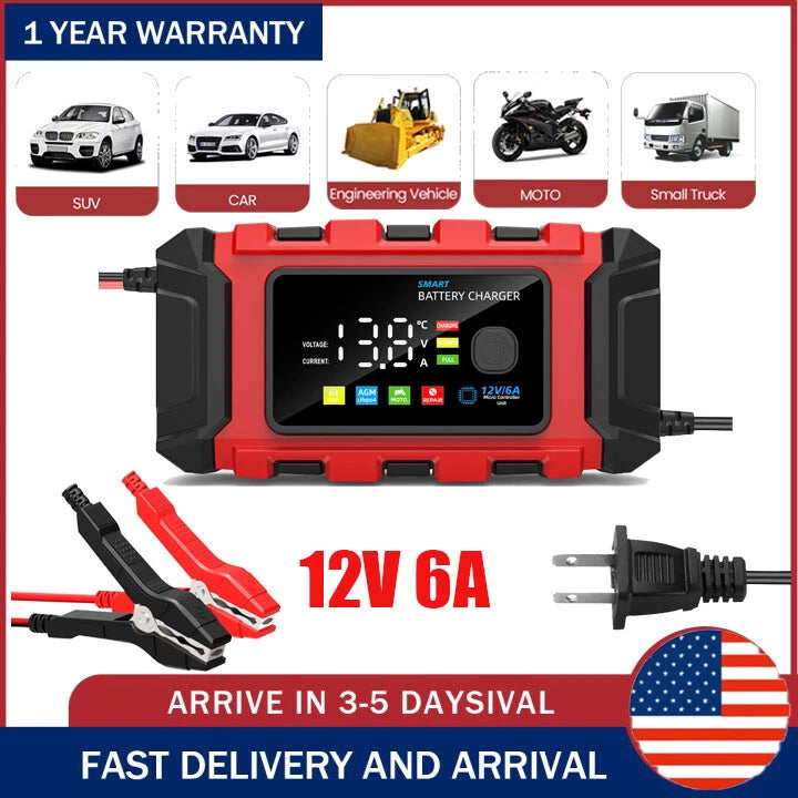 Car Battery Charger 12V 6A Maintainer Trickle Charger Motorcycle AGM LiFePO4 US