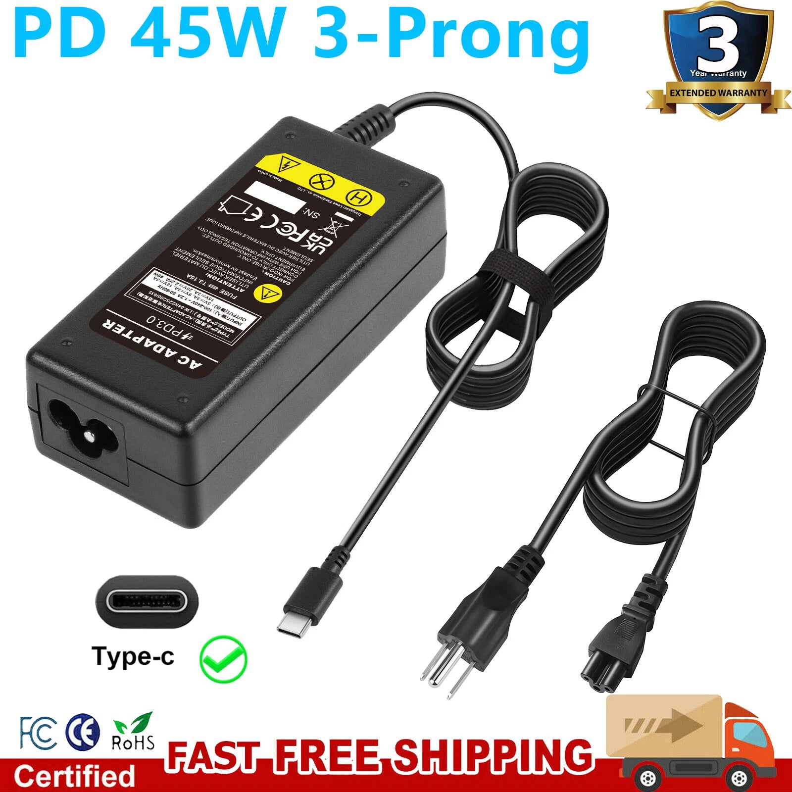 45W Type-C AC Adapter Power Charger For Dell Chromebook 3100 3100 2 in 1 Laptop