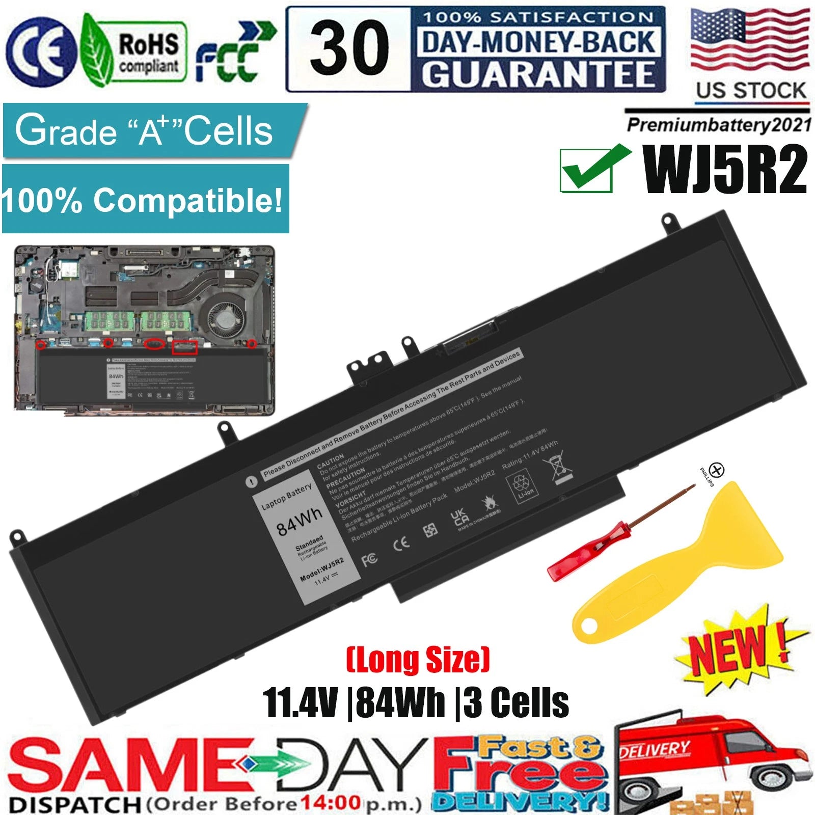 ?NEW WJ5R2 Battery For Dell Latitude 5570 E5570 Precision 3510 Series 4F5YV 84Wh