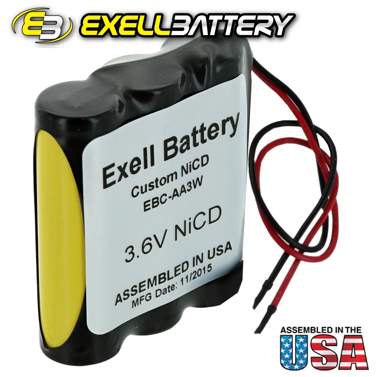 Exell 3.6V Custom NiCd 1000mAh Battery Pack w/ 5" AWG Bare Wire Leads