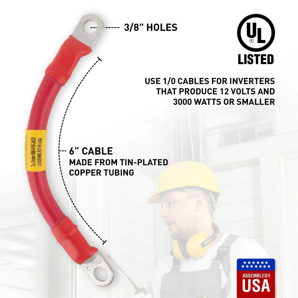 1/0 Red Battery Interconnect Cable 6" with 3/8" Lugs ASSEMBLED IN USA