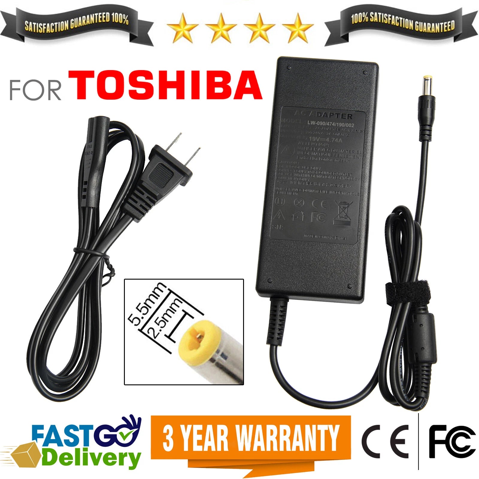 5.5*2.5mm Laptop Charger Power Supply Adapter for Toshiba Satellite Gateway 19V