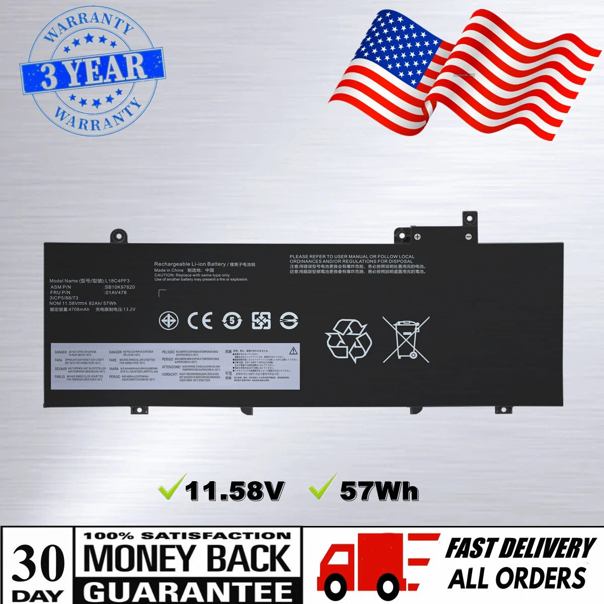 01AV478 01AV479 01AV480 L17L3P71 Battery for Lenovo ThinkPad T480s SB10K97621