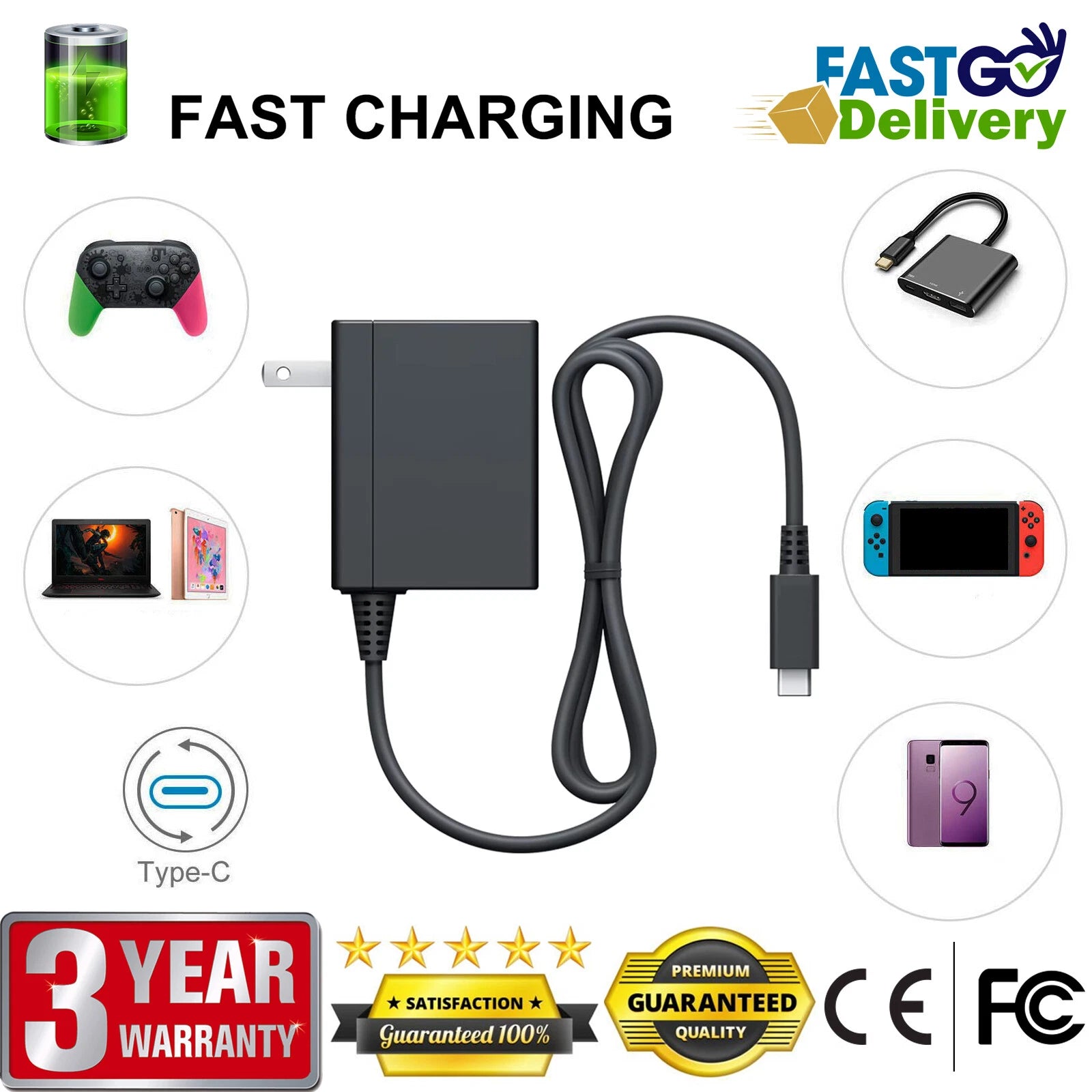 Portable AC Power Adapter Charger With Cable For Nintendo Switch / Lite / OLED