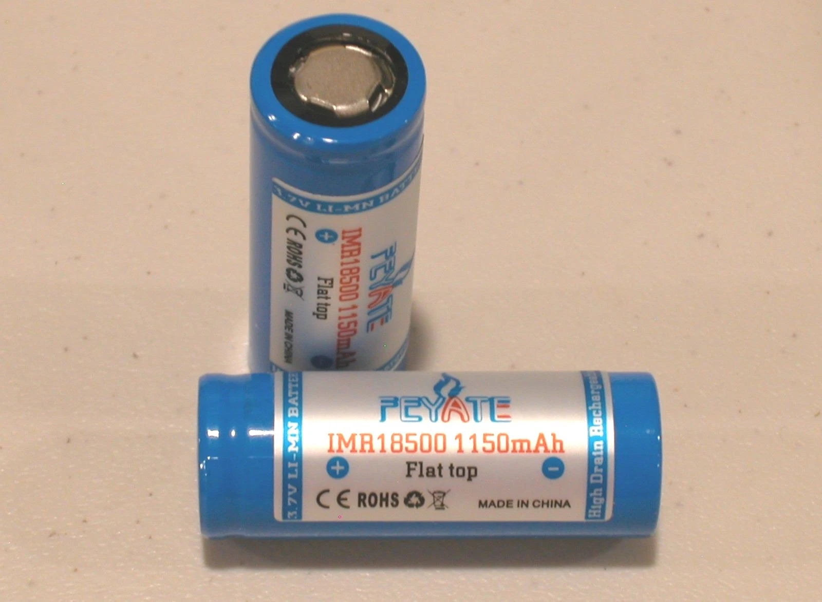 2 pc Feyate IMR 18500 LiMn 1150maH HIGH DRAIN Rechargeable Battery 3.7V Flat top