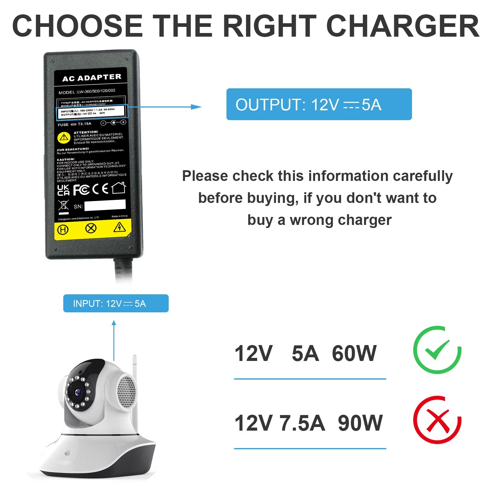 AC to DC 12 Volt 5A (12V 5A) Adapter Power for led strip LCD CCTV System Monitor