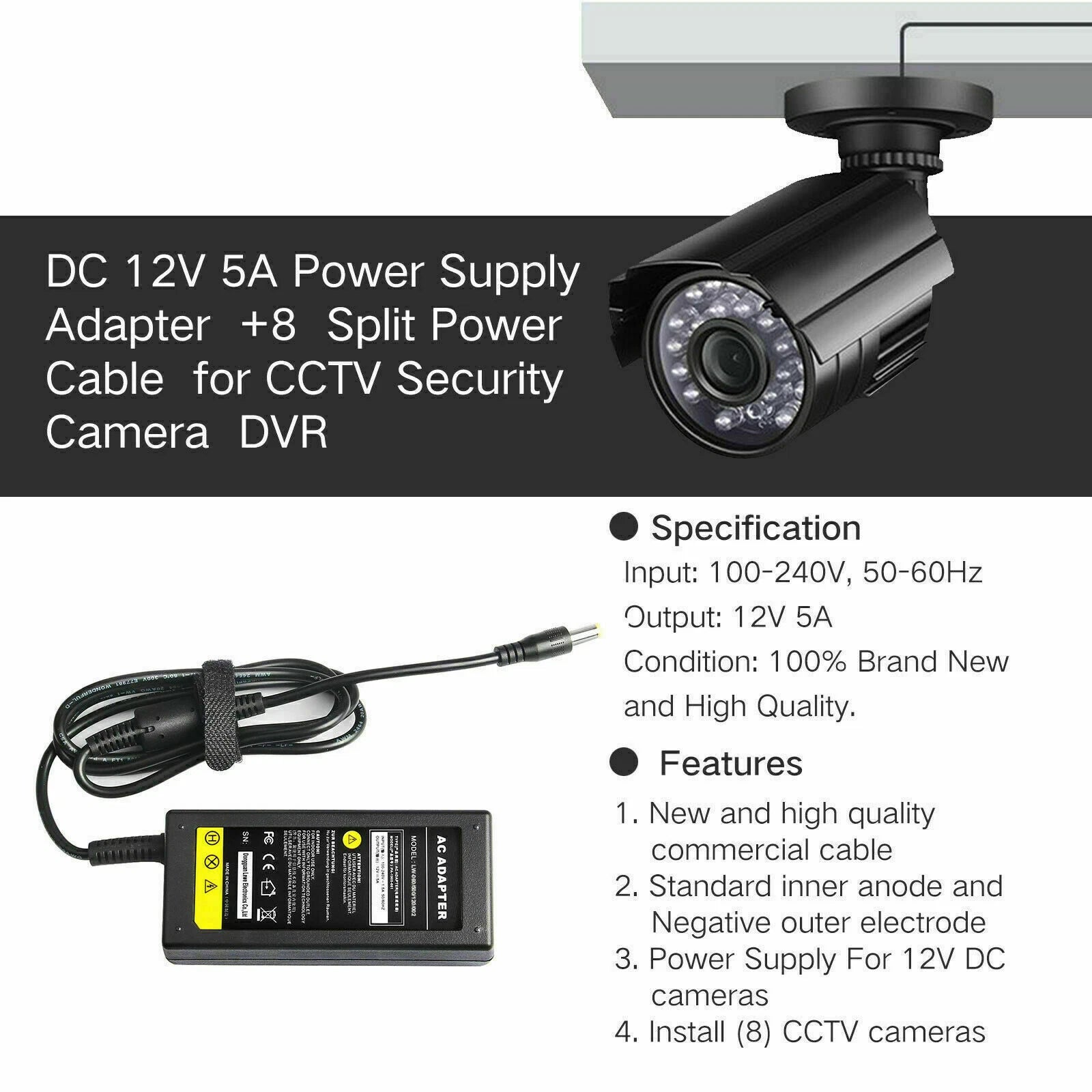 DC 12V 5A Power Supply Adapter +8 Split Power Cable For CCTV Security Camera DVR