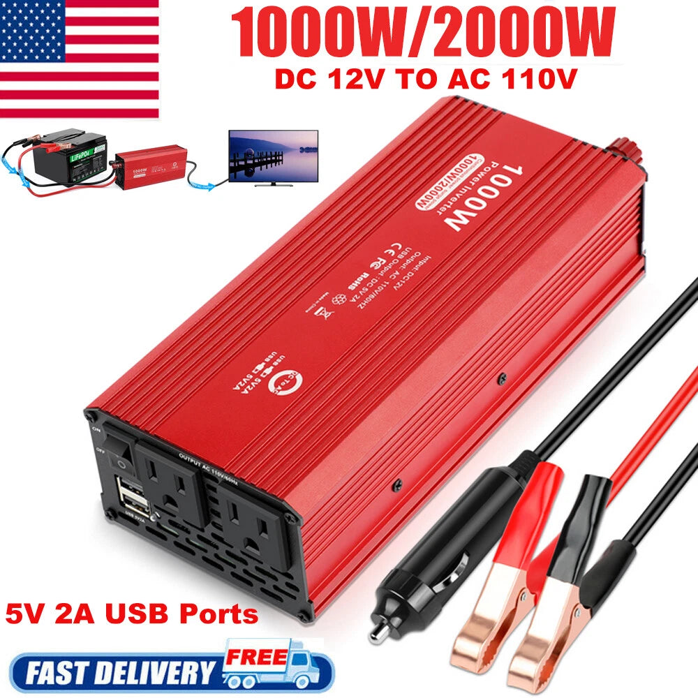 Peak 2000W Car Power Inverter DC 12V to AC 110V Converter Adapter Charger Outlet