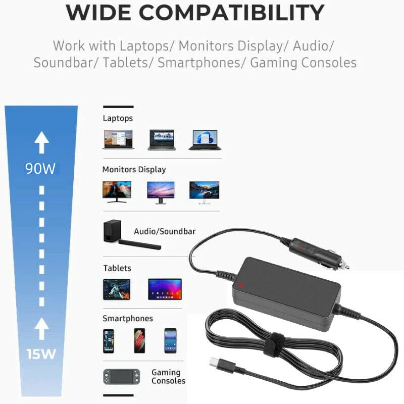 Car/Vehicle/Boat 90W Laptop Mains Charger USB-C Type C Power Adapter Supply Cord