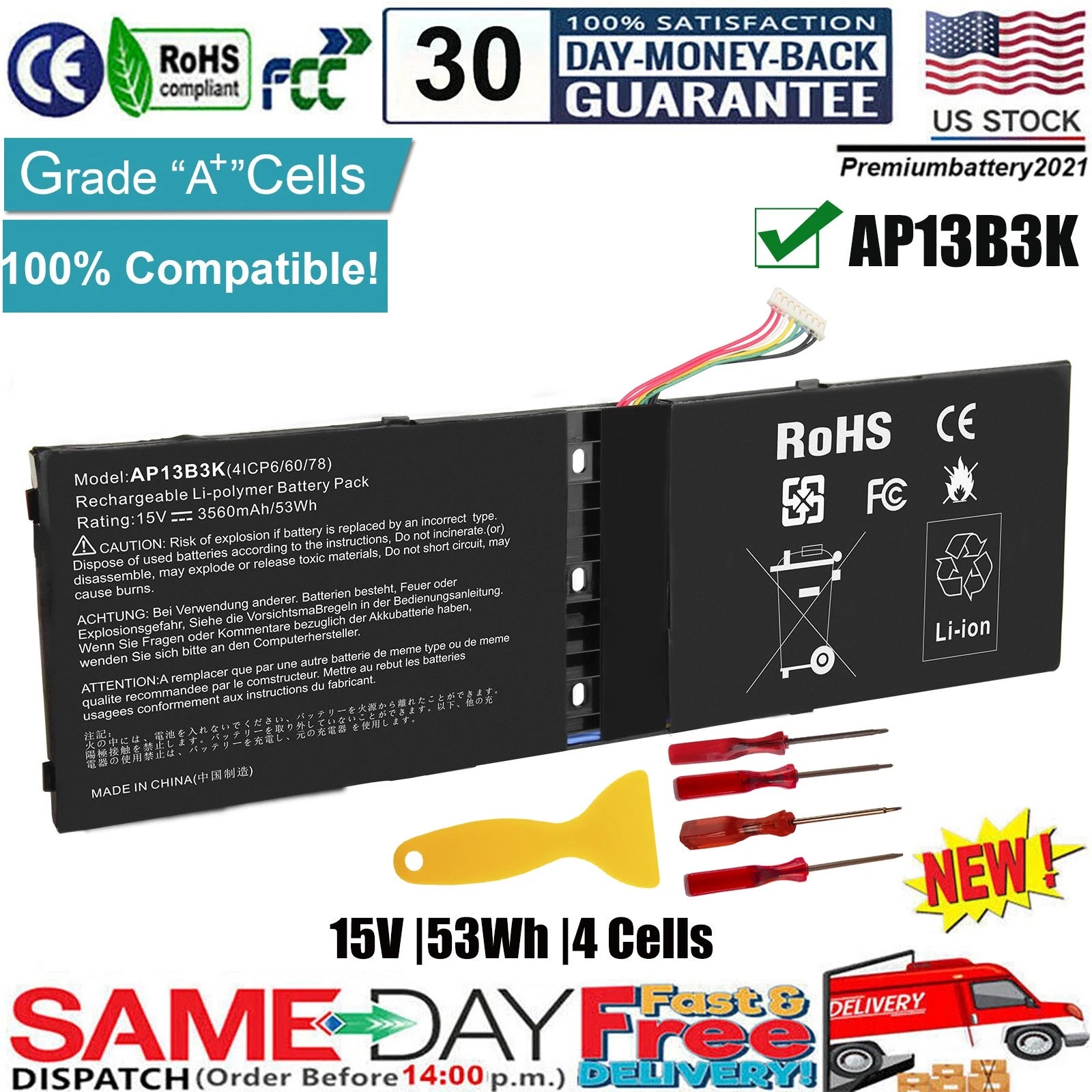 NEW AP13B3K Battery for Acer Aspire V5-572 V5-573 V5-573G V5-573P R7-571 AP13B8K