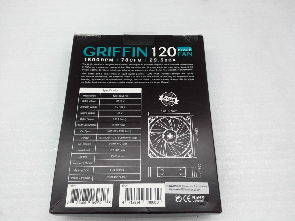 Bitspower Griffin 120 Black Fan 1800RPM 78CFM BPA-GF1218-BK FANX1 29.5dBA