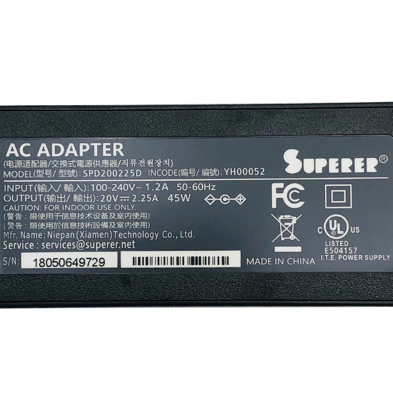 NEW SPD200225D Power Supply AC/DC Adapter Charger 20V 2.25A 45W