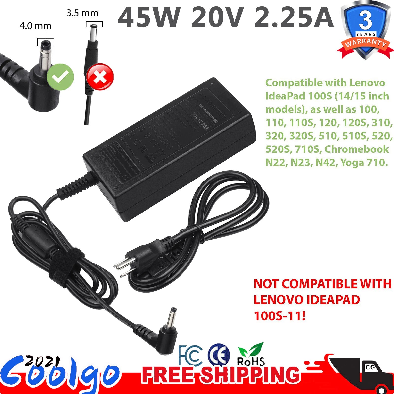 AC Charger Adapter for Lenovo IdeaPad 310 320 330 Laptop Power Supply Cord