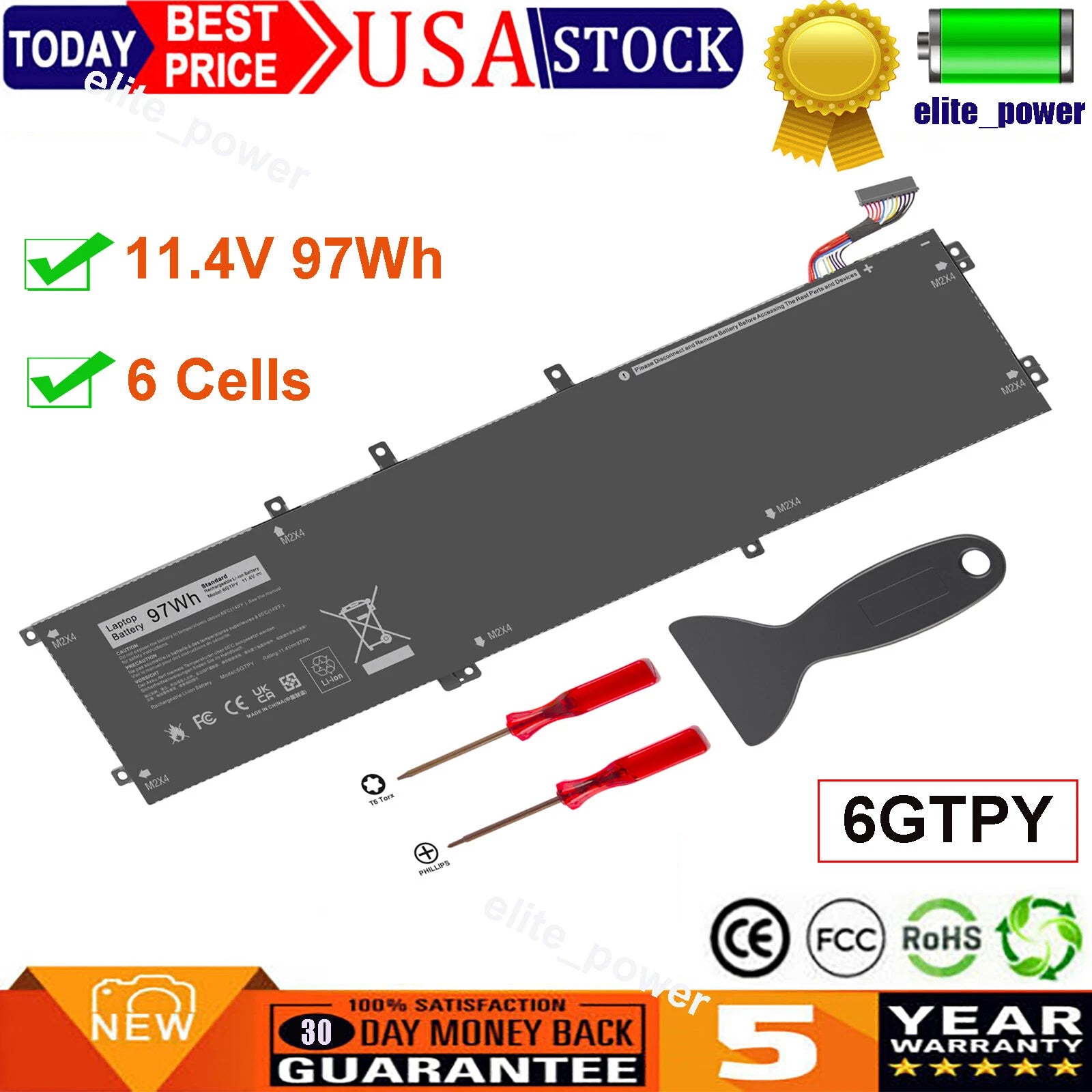 6GTPY Battery for Dell XPS 15 9570 9560 9550 Precision 5530 5520 5510 11.4V 97Wh