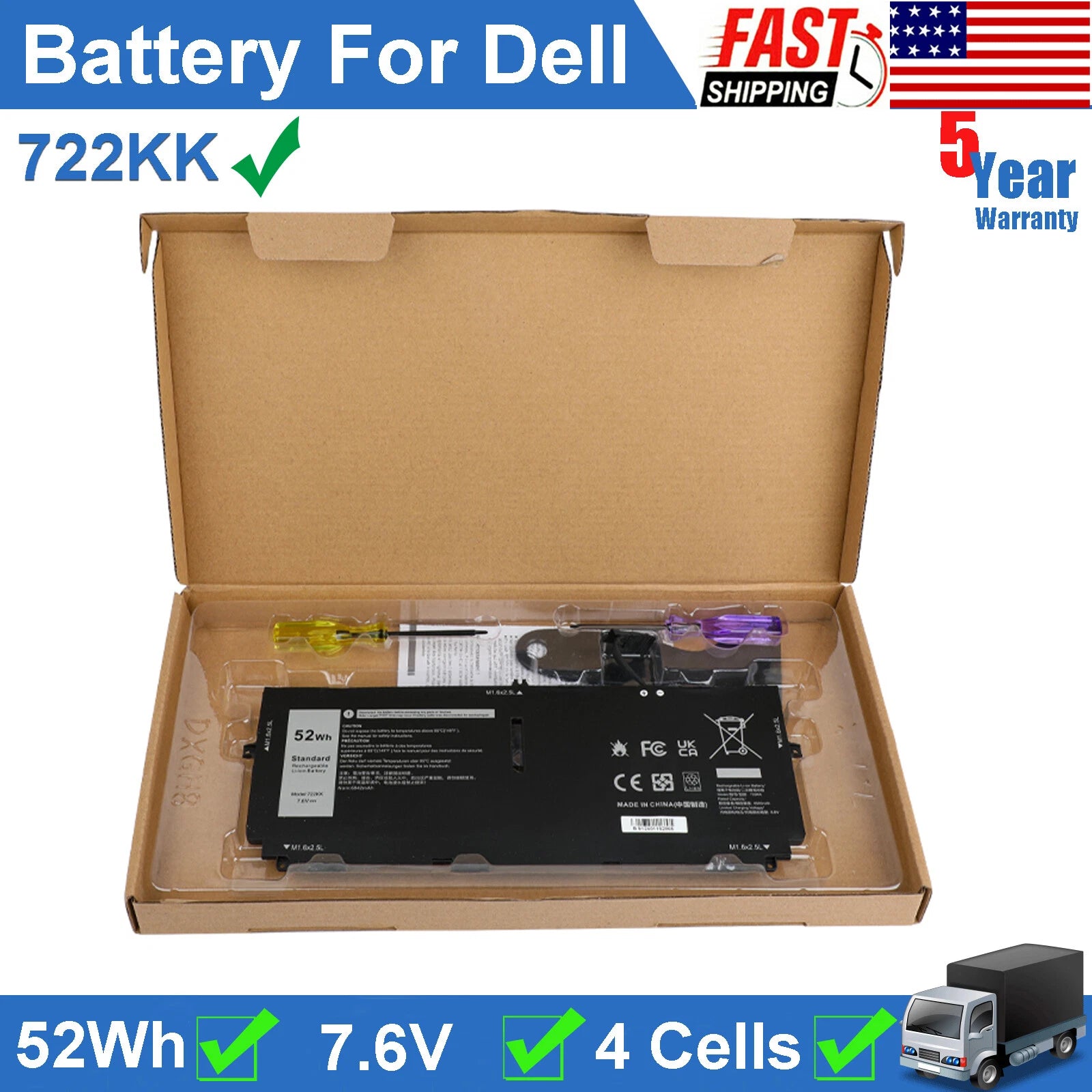 722KK Battery For Dell XPS 13 9310 9300 9380 (2020) 13.4" Series P117G P117G002