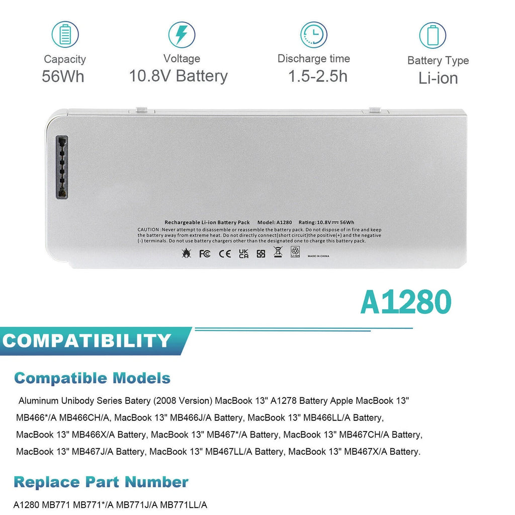 Battery A1280 For Apple MacBook 13"Aluminum Unibody A1278 MB466 MB467 MB771 56Wh
