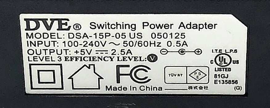 NEW Genuine 12.5W DVE Switching Power Supply 5V 2.5A DSA-15P-05 US 050125