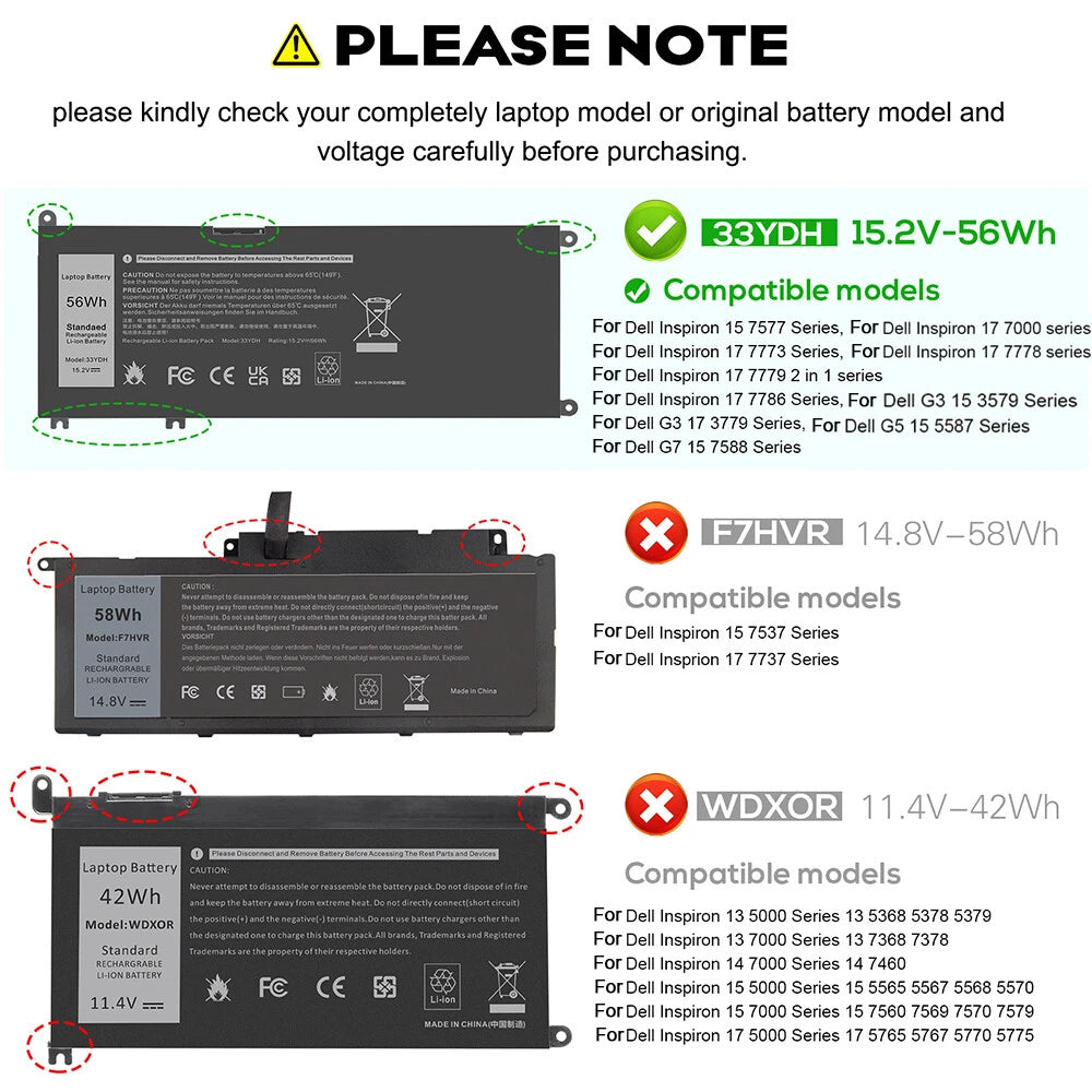 Replacement Battery for Dell Inspiron 13 7353 17 7000 7773 7778 7779 33YDH 56Wh