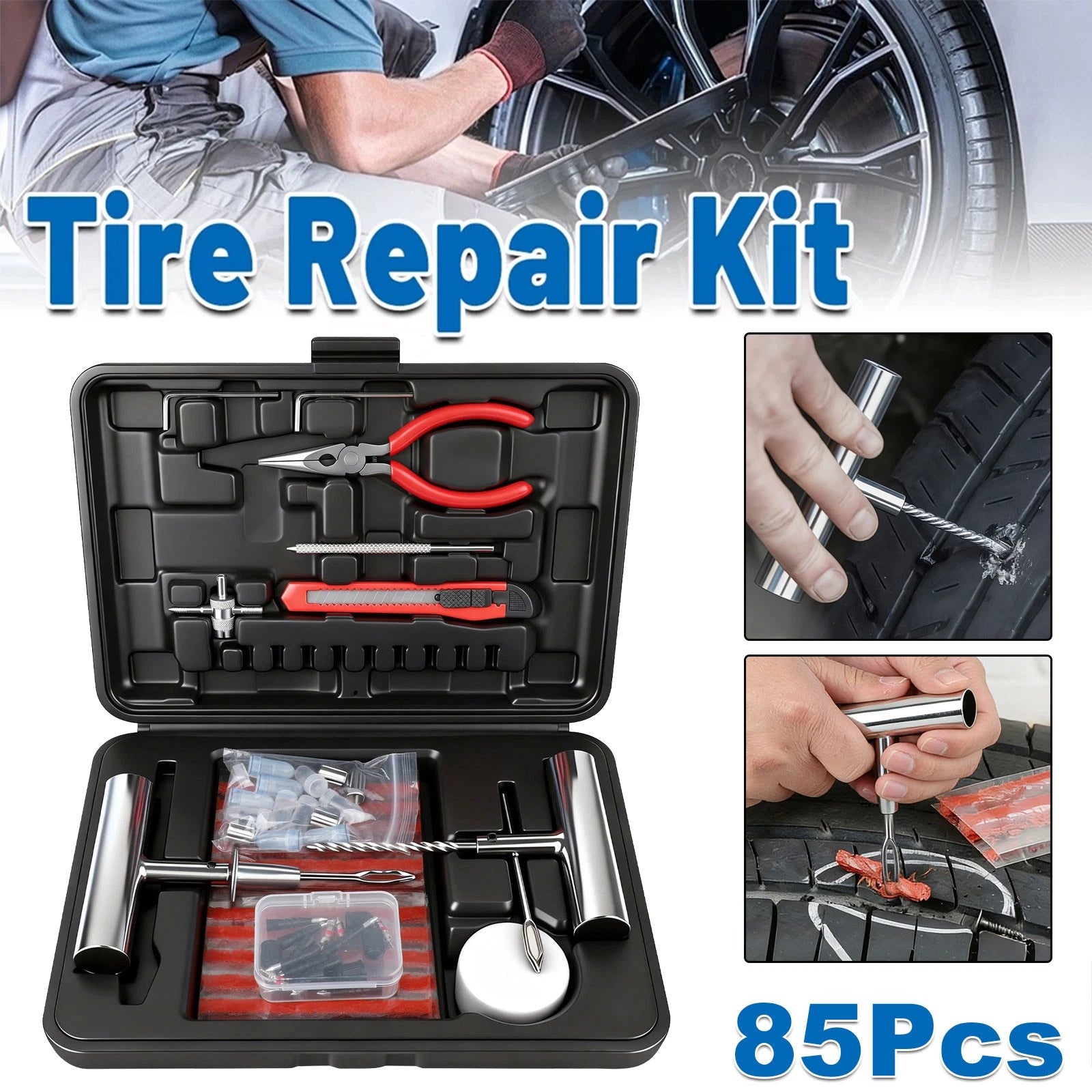 85Pc Car Tire Repair Tool Heavy Duty Flat Tire Repair Kits Plug Patch Truck Kit