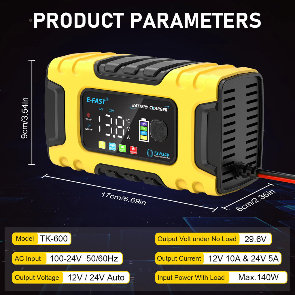 12V 24V Car Smart Battery Charger 7-Stage Automstic Lead-acid Lifepo4 AGM/GEL US