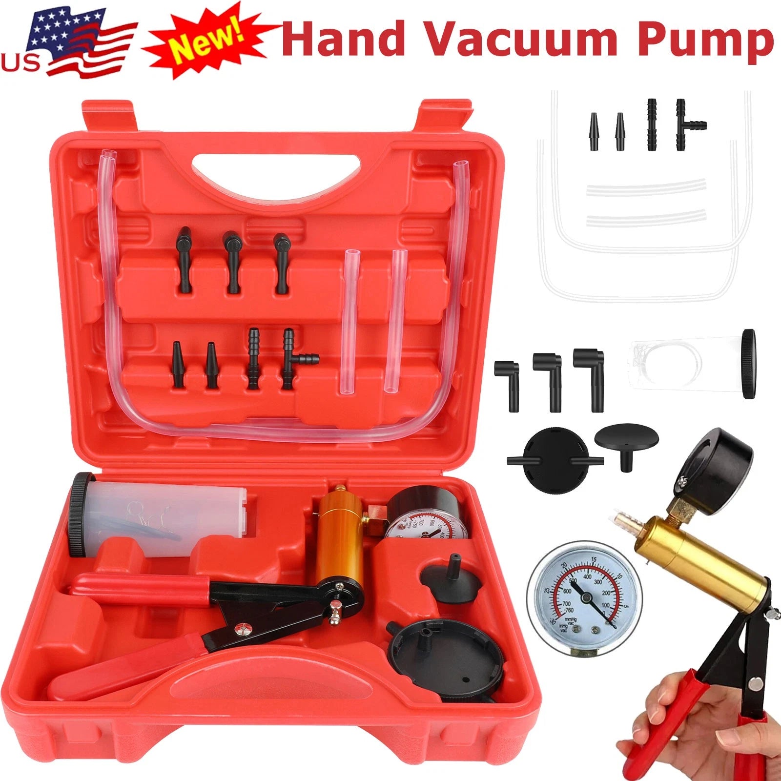 Hand Held Vacuum Pressure Pump Tester Set Brake Fluid Bleeder Bleeding Kit + Box