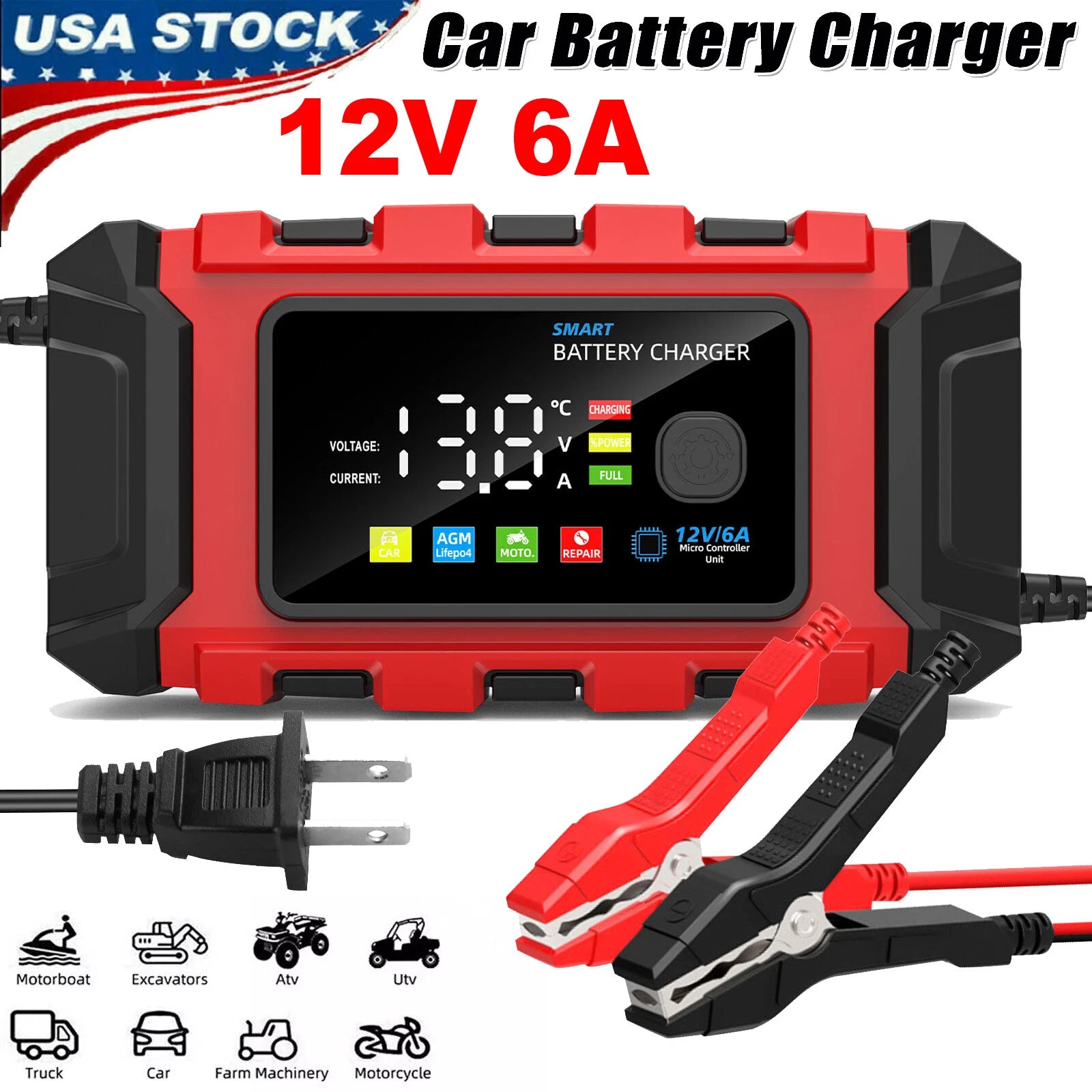 12V 6A Car Battery Charger Intelligent Automatic Pulse Repair Starter AGM GEL