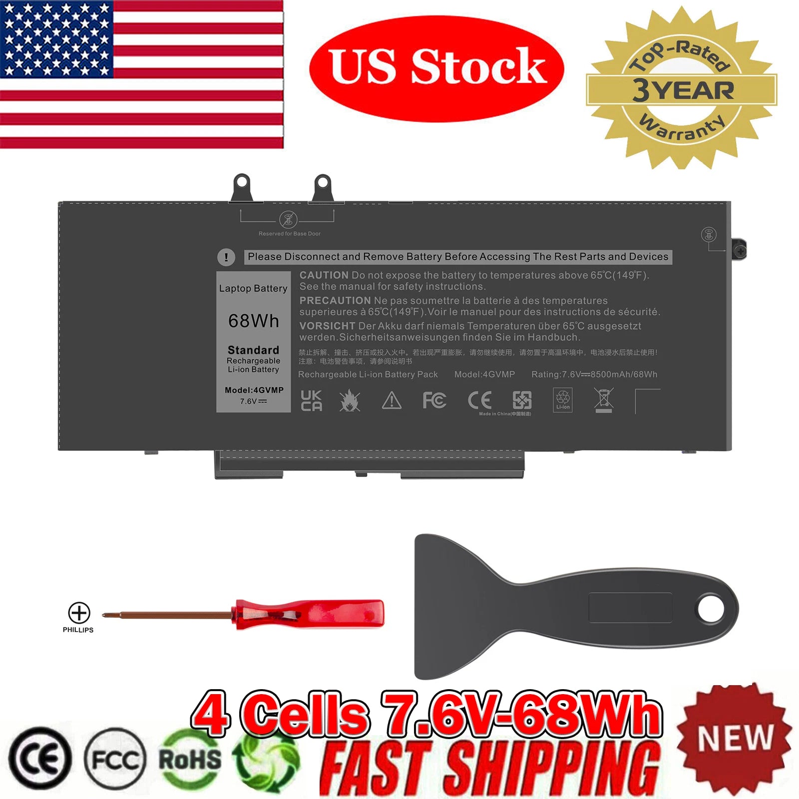 4GVMP Battery For HP Latitude 5400 Precision 3540 Inspiron 7706 451-BCMN 68Wh
