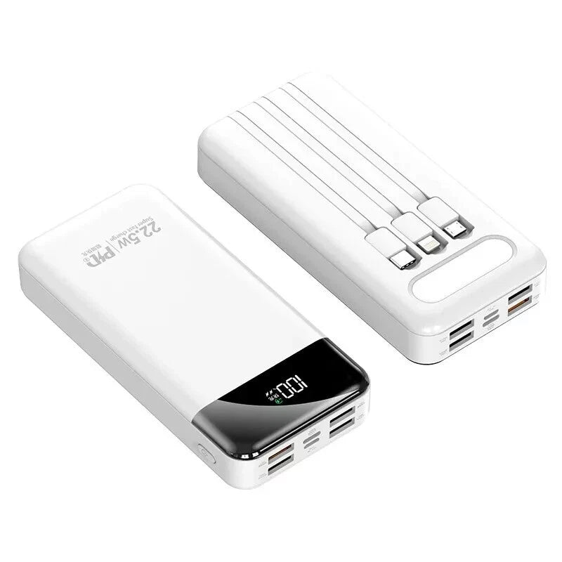 Portable Power Bank 20000mAh Fast Charging Battery with 3 Built in Cables Black