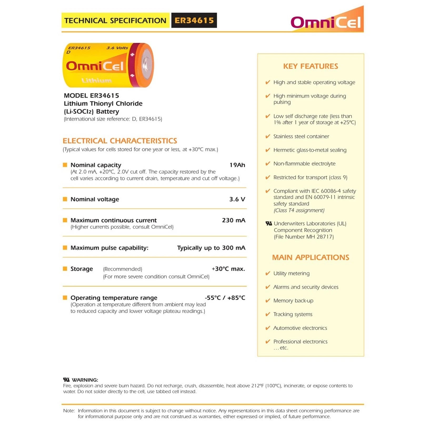 OmniCel ER34615 3.6 Volt 19 Ah D High Energy Lithium Battery w/ Tabs