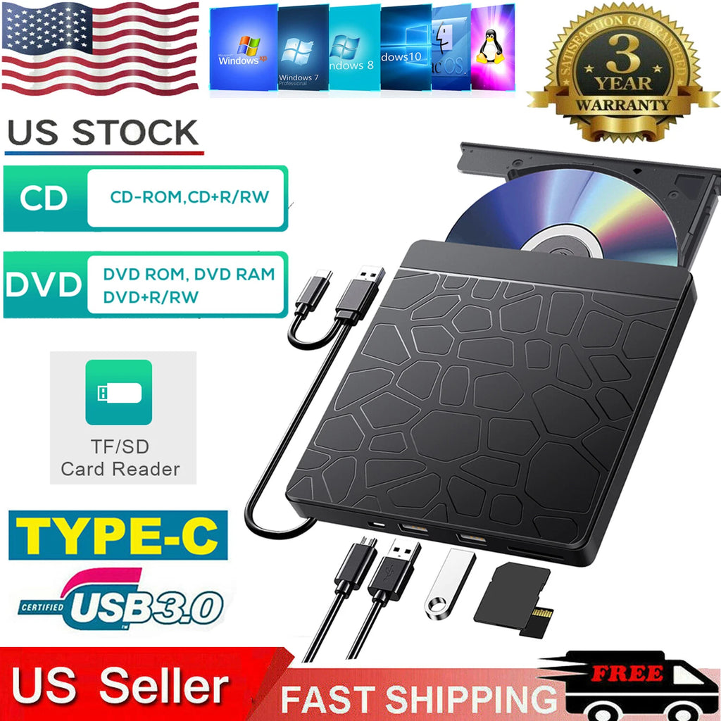 External CD/DVD Drive Player USB3.0 RW Burner ROM Reader Writer SD/TF Slot 2 USB