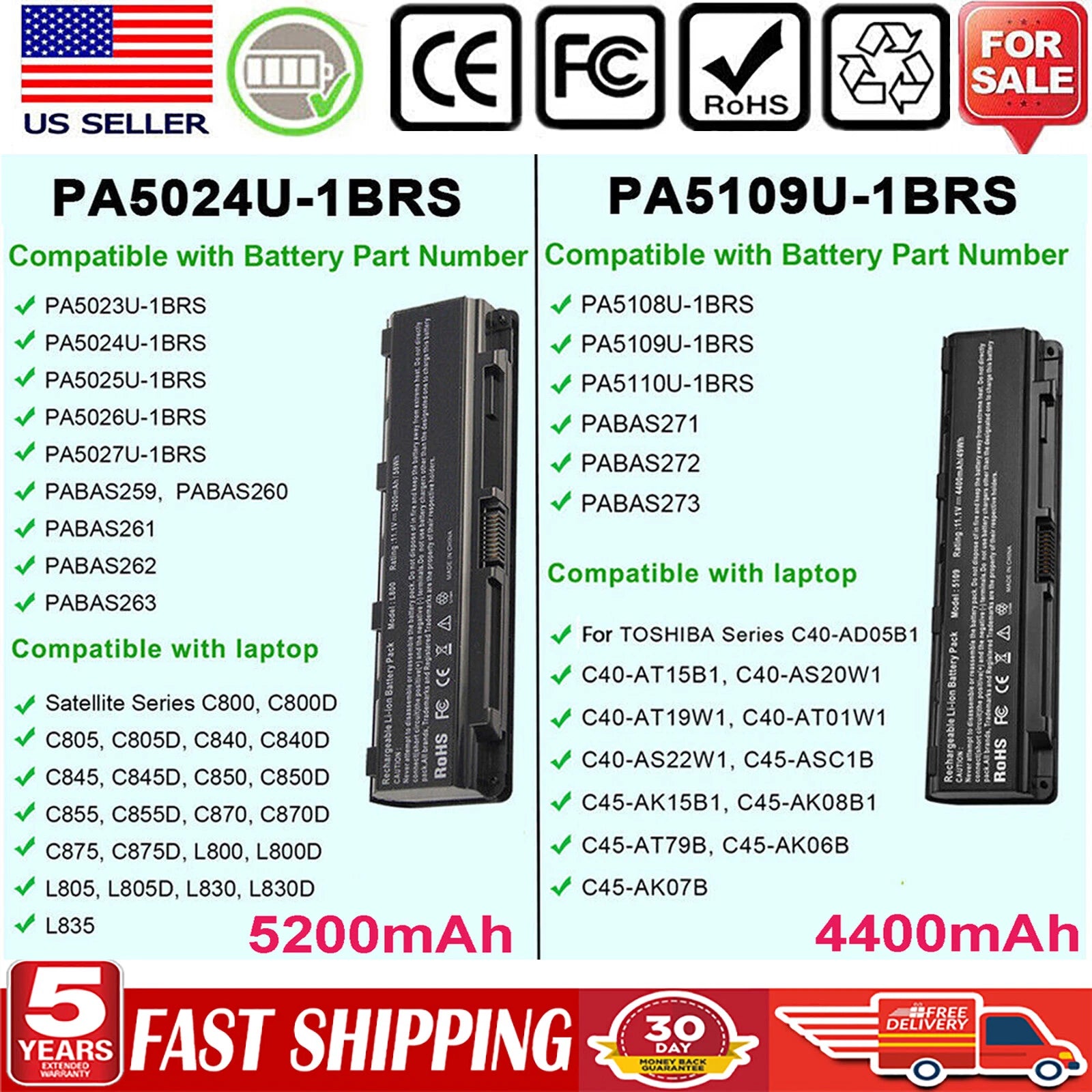 PA5109U-1BRS PA5024U-1BRS Battery For Toshiba Satellite C55 C70 C850 PA5108U NEW
