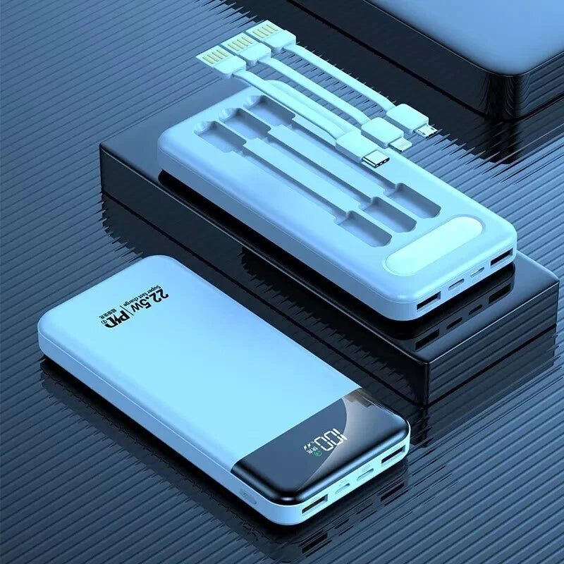 Portable Power Bank 10000mAh Fast Charging Battery with 3 Built in Cable BLK/WHT