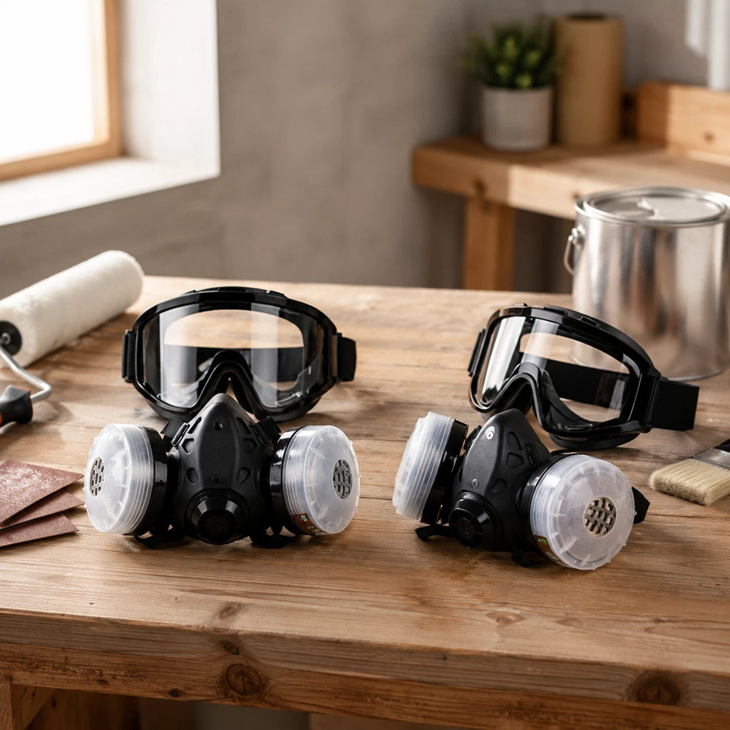 2Pcs Half Face Gas Respirator Mask with Safety Goggles Dual Filter Cartridges