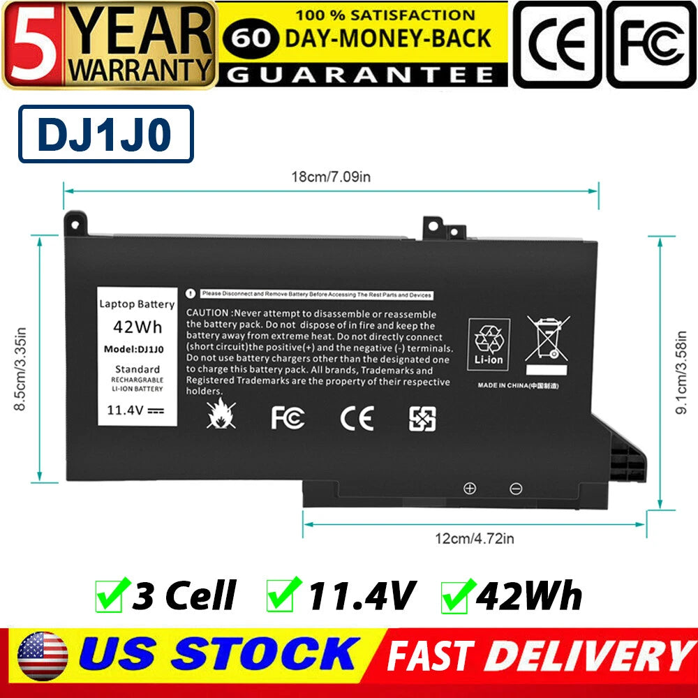 Battery DJ1J0 PGFX4 For Dell Latitude 12 7280 7290 13 7380 7390 14 7480 7490 PC