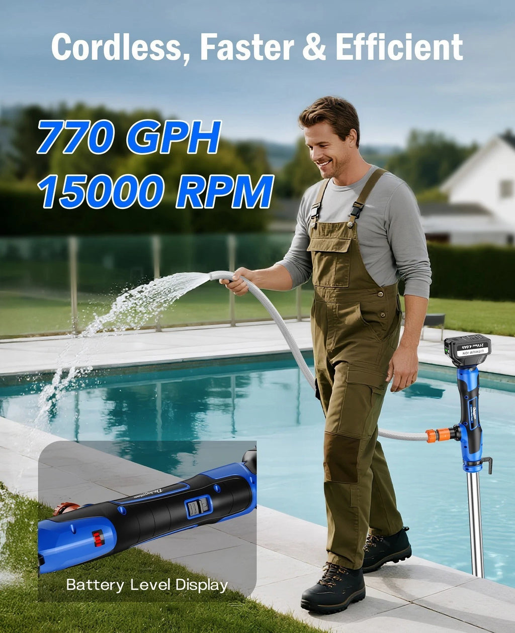 Cordless Electric Stick Water Transfer Pump Anti-Clog Filter /W 2X 4.0Ah Battery