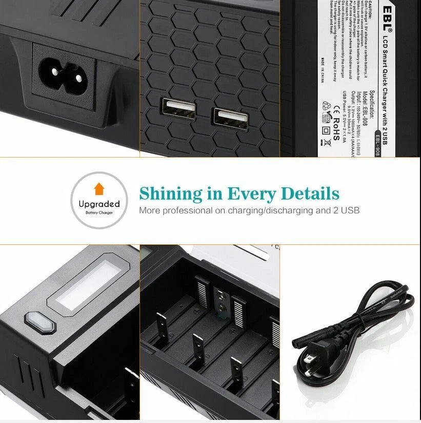 EBL Universal Battery Charger w/ 4 D size cell 10000mAh w/cases 1.2v NI-MH