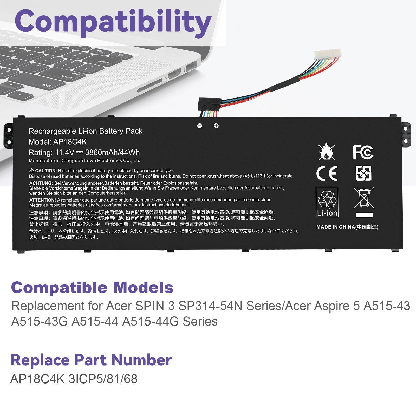 AP18C4K Battery for Acer Aspire 5 A515-43 A515-44 A515-54G SPIN 3 SP314-54G 44Wh