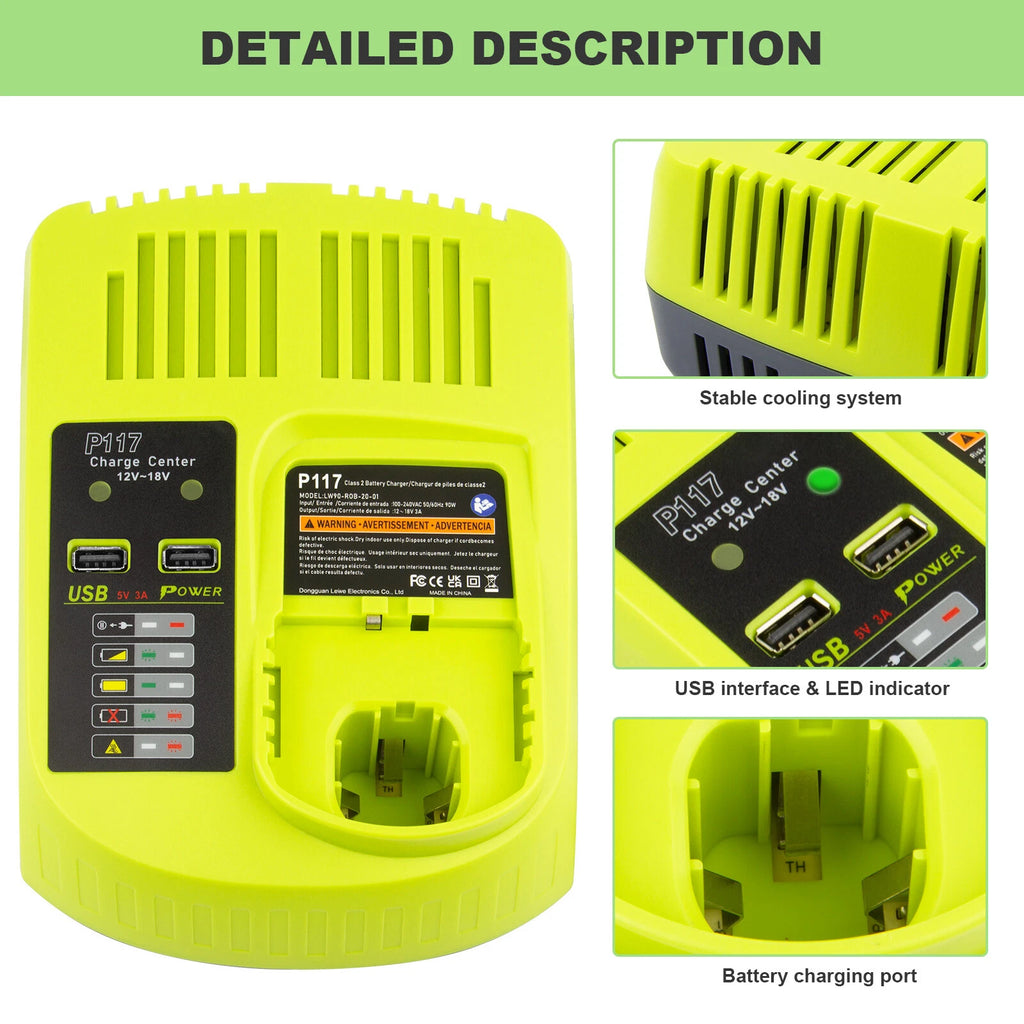 P117 Fast Charger For RYOBI 18V For One+ Plus P108 High Capacity Lithium Battery
