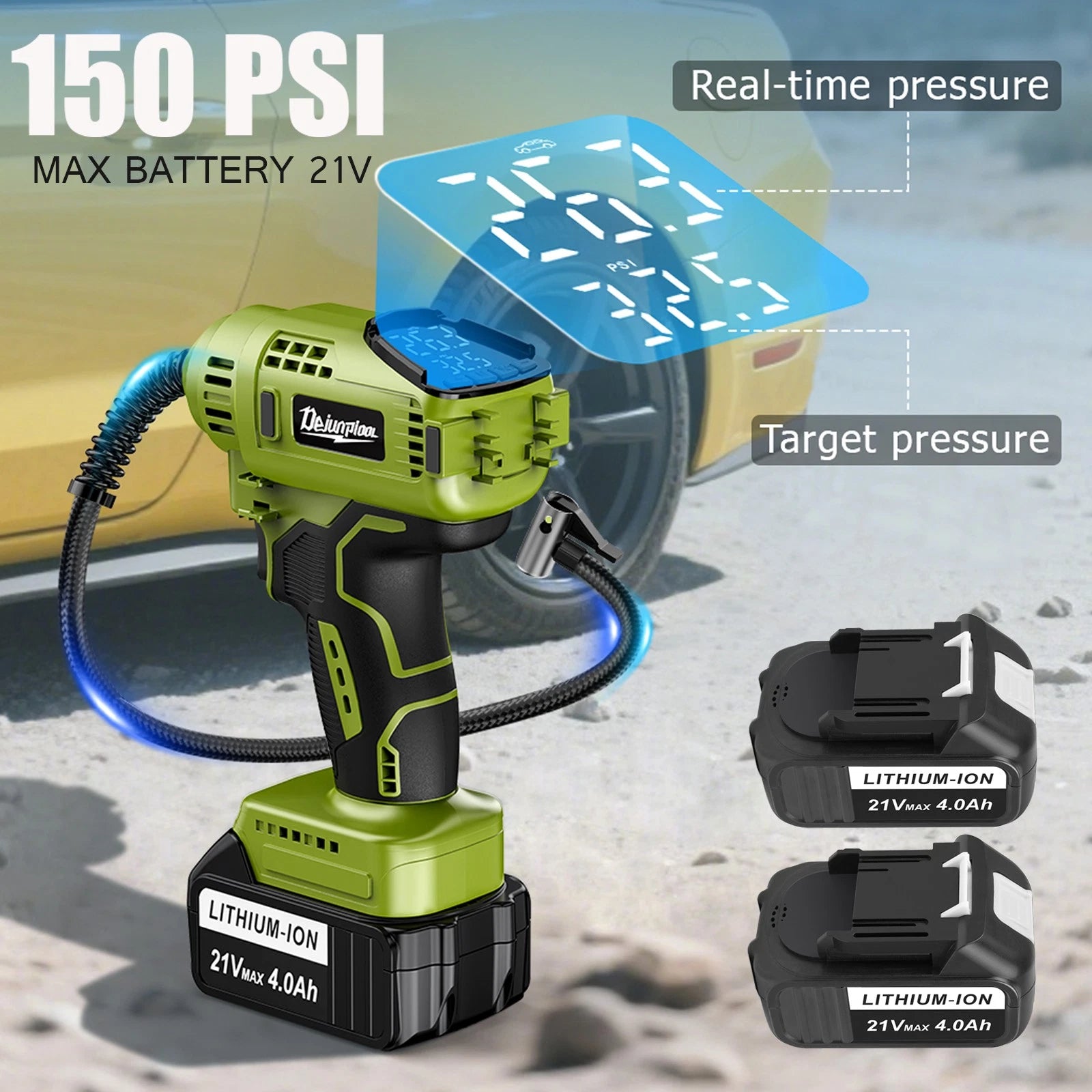 Cordless Tire Inflator Air Compressor with 2PC 21V Max Battery 150PSI Portable