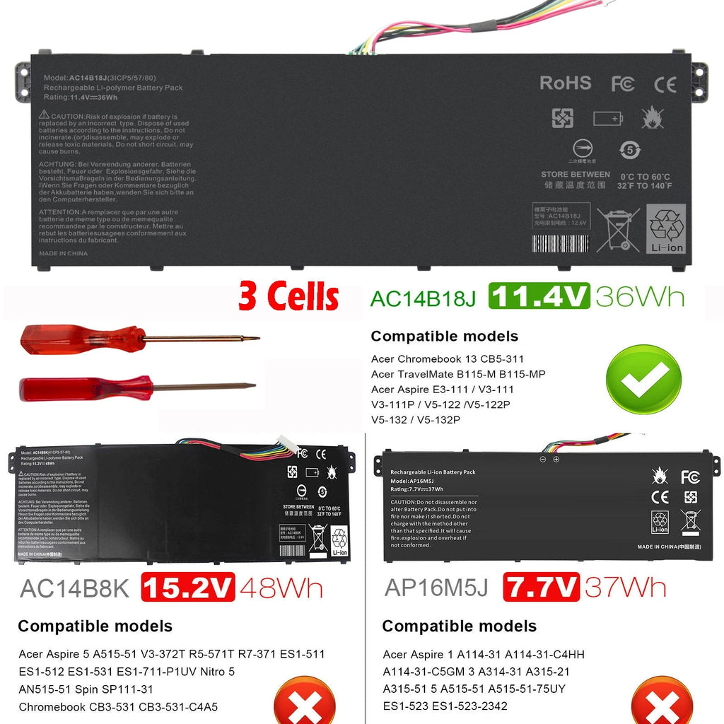 Battery for Acer Aspire ES 15 ES1-531/533 Chromebook CB3-111 AC14B18J AC14B13J