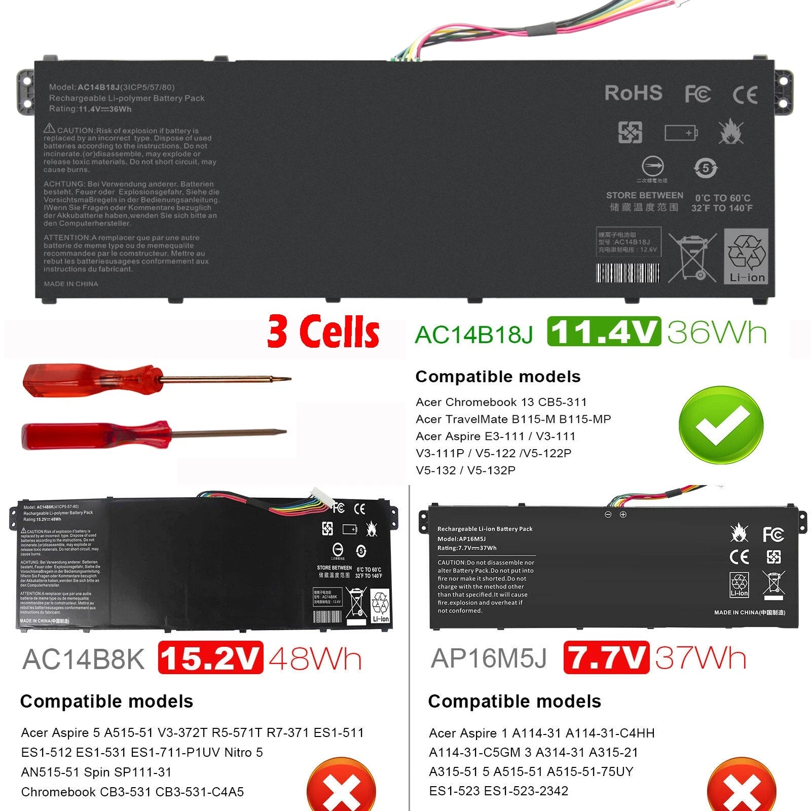 Battery for Acer Aspire ES 15 ES1-531/533 Chromebook CB3-111 AC14B18J AC14B13J