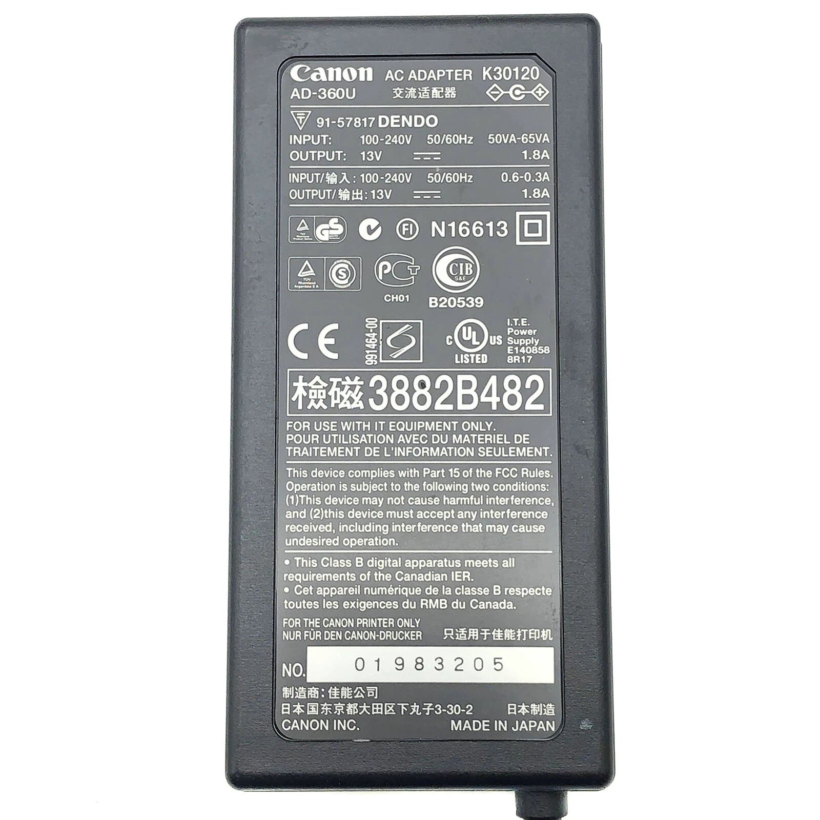 NEW Genuine Canon AC/DC Adapter for MK1500 MK2500 Cable ID Printers OEM