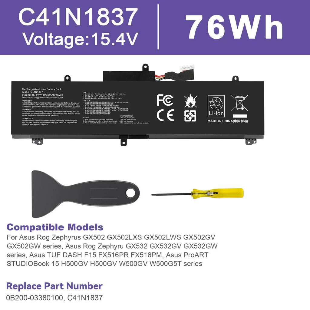 ??Replace C41N1837 Battery For ASUS ROG Zephyrus GA502 GU502G GA502DU GU532 76WH