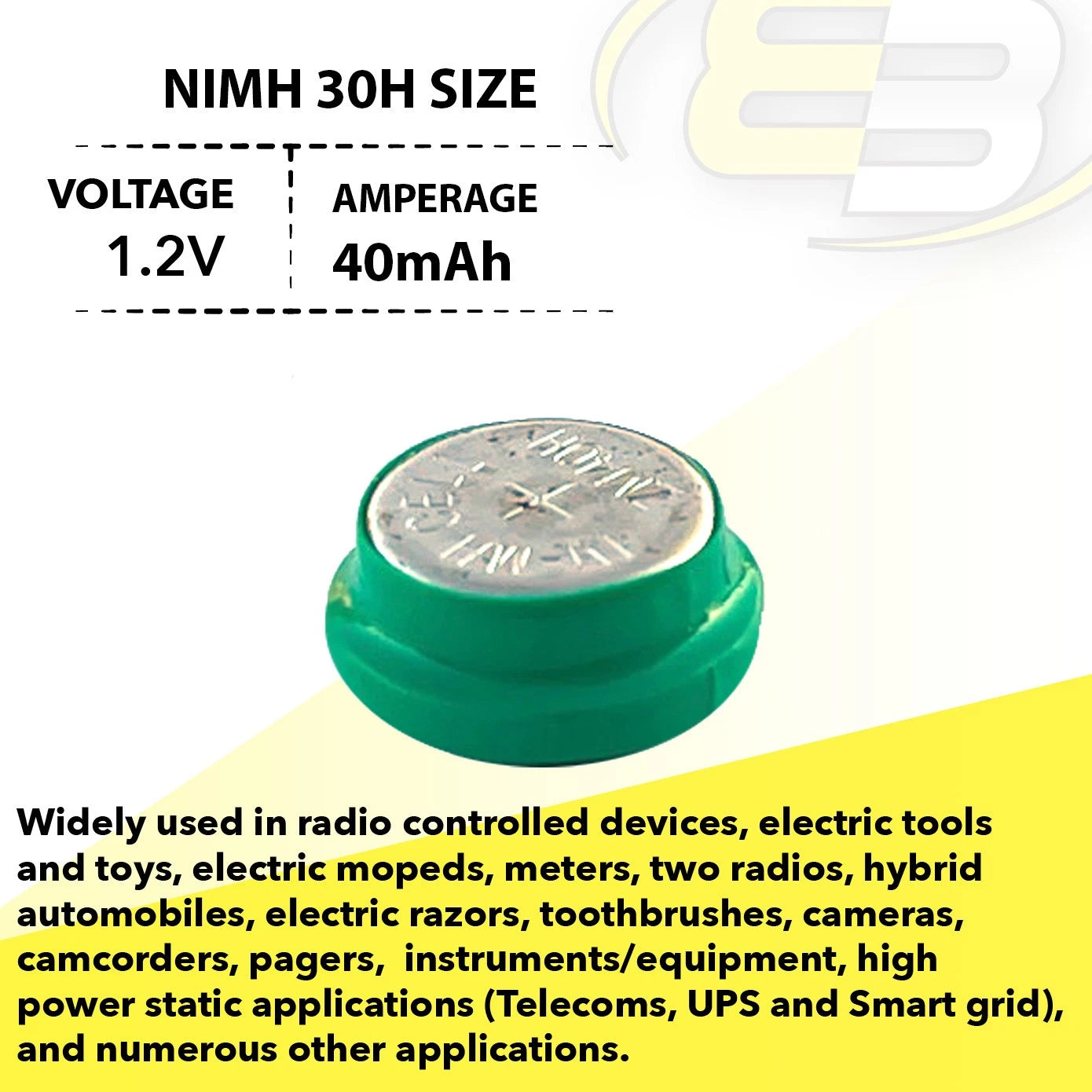 Exell Button 40mAh Rechargable 1.2V NiMH Flat Top Battery