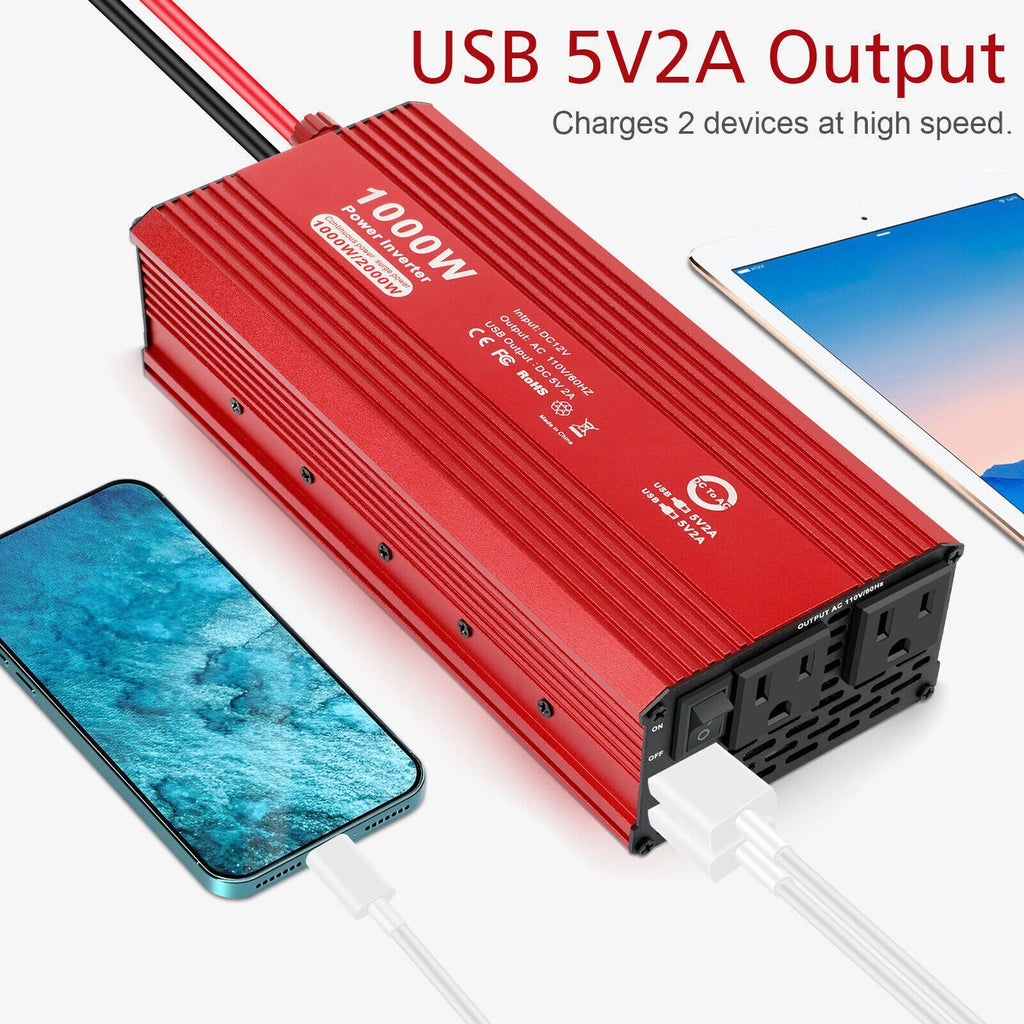 1000W 2000W Car Power Inverter DC 12V To AC 110V 2 AC Outlets RV Car Converter