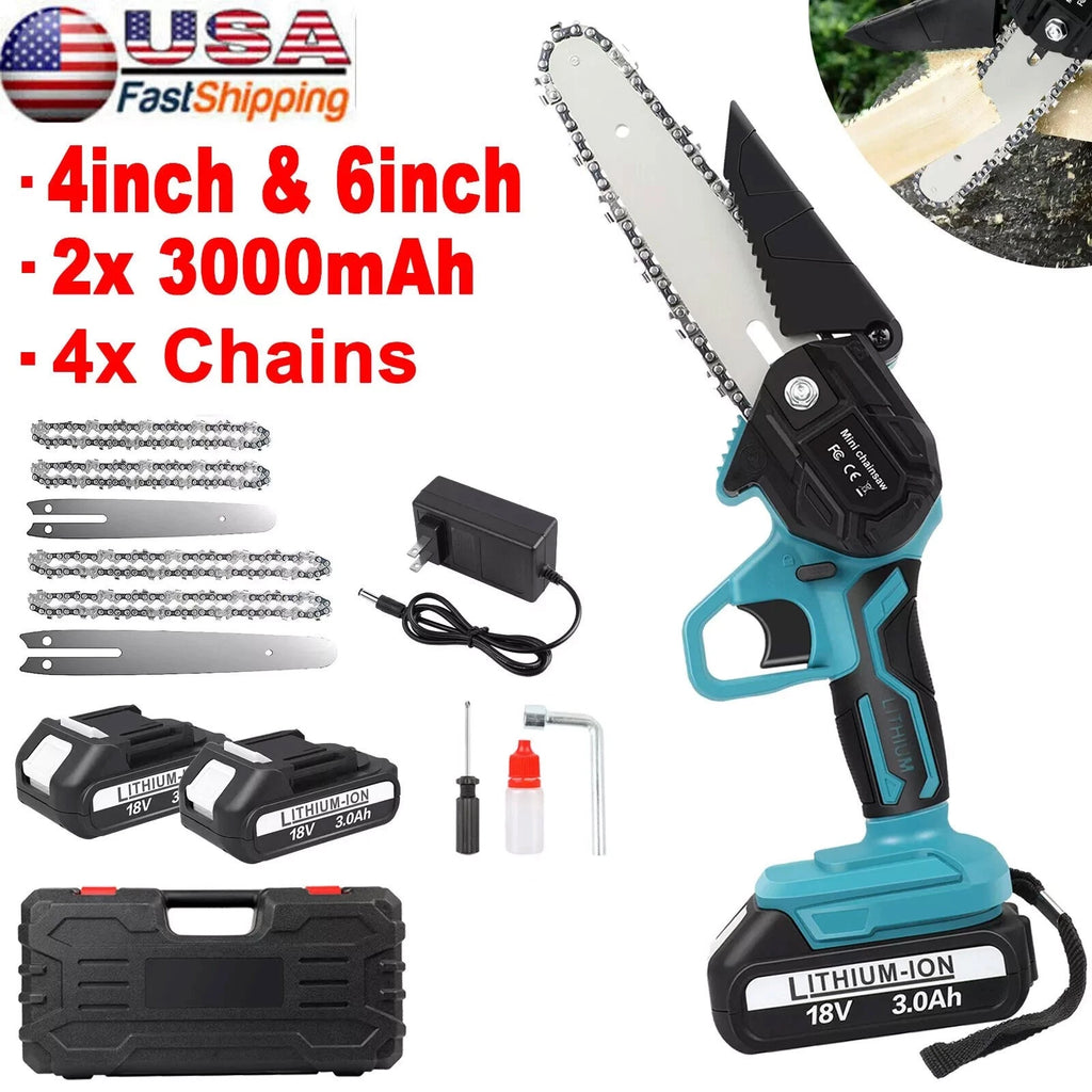 4+6 in Electric Mini Chainsaw Cordless Portable Handheld ChainSaw 2×3Ah Battery