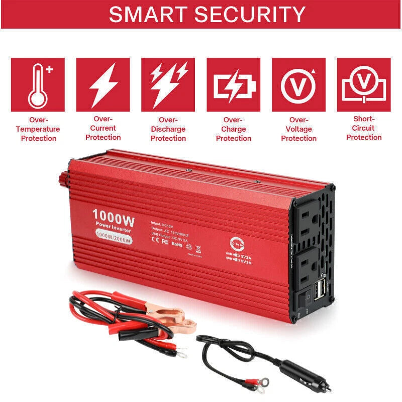 1000W Car Power Inverter Converter Adapter Charger 12V to 110V 2USB 2Socket Trip